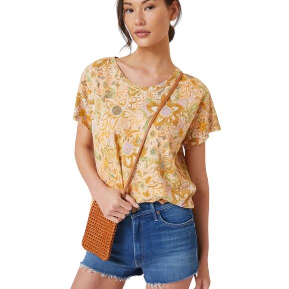 Anthropologie Pilcro Split Back Swing Tee Medium New Paisley Floral Print Yellow - Picture 1 of 7
